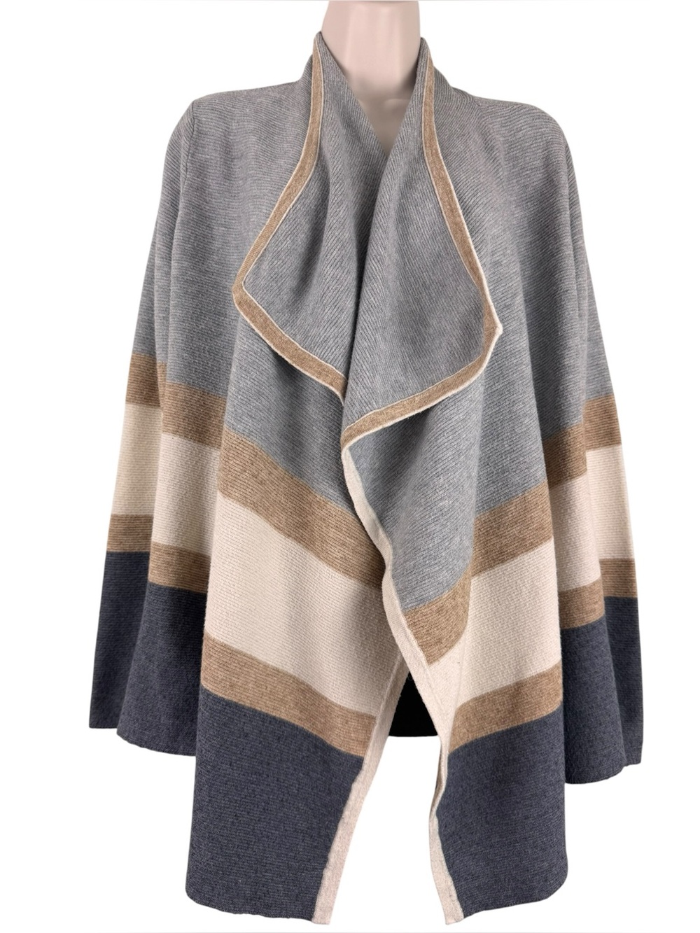 Pixley Stripe Open Front Poncho Cardigan Gray Cream Tan Small
